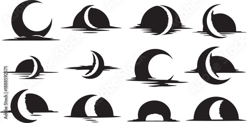 Phases of the Moon in Black and White Silhouette