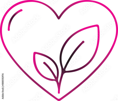 Symbolic digital graphic featuring a gracefully outlined heart embracing two young leafy shoots, presented in a delicate and vibrant dual-tone gradient line drawing, conveying messages of natural love