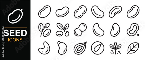 Organic seed and bean outline icon collection with plant growth symbols