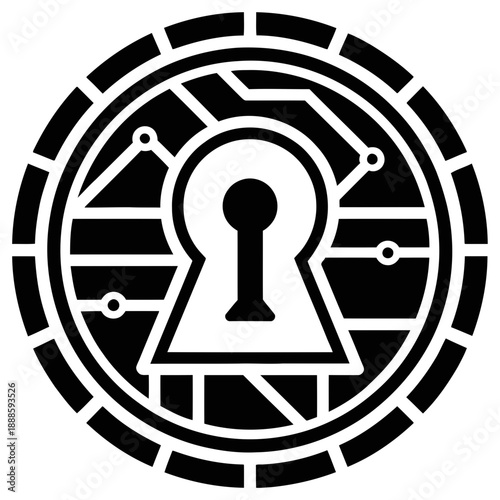 A black and white vector graphic of a keyhole in a circular design