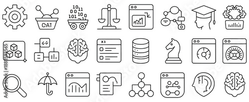 line icons about business intelligence featuring analytics data visualisation dashboards insights strategy and performance metrics on transparent background with editable stroke vector design.