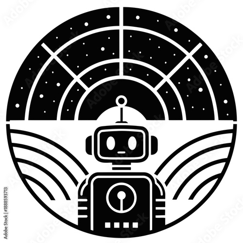 A minimalist robot icon with a space radar design