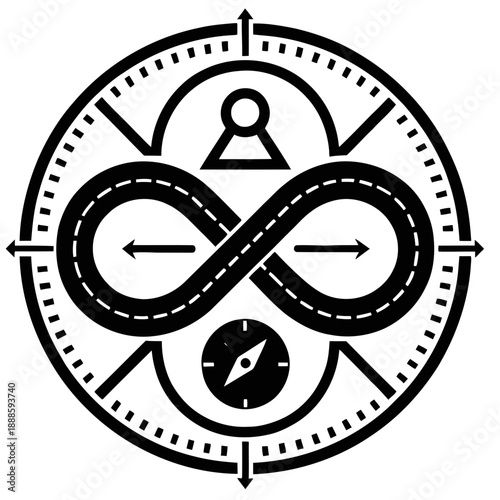 A minimalist vector graphic of an infinity loop road sign with compass