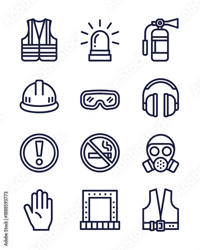 Set of safety and protection equipment icons isolated on transparent background