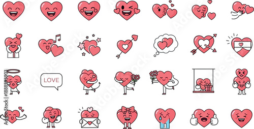 Digital illustration of various heart emoticons expressing emotions on white background 
