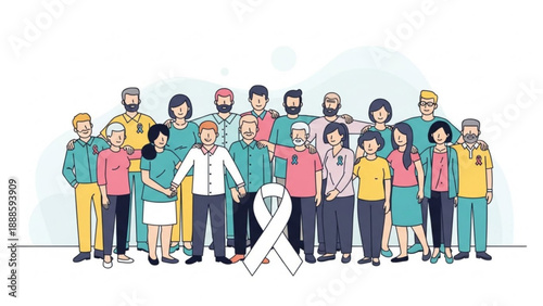 Diverse group of people standing together with white awareness ribbon symbolizing unity and support for a cause colorful illustration