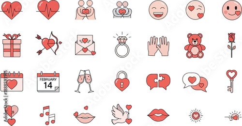 Valentine's Day icons and symbols on white background 
