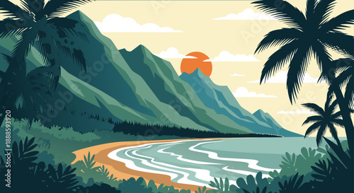 Tropical Island Sunset Scenery A Beautiful Vector Illustration of a Coastal Beach with Palm Trees and Mountains