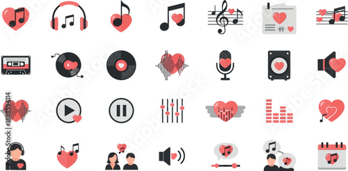 Music icons with hearts on white background 