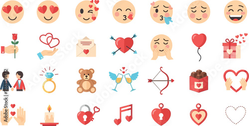  Cute valentine's day stickers with heart emojis and romantic symbols on white background