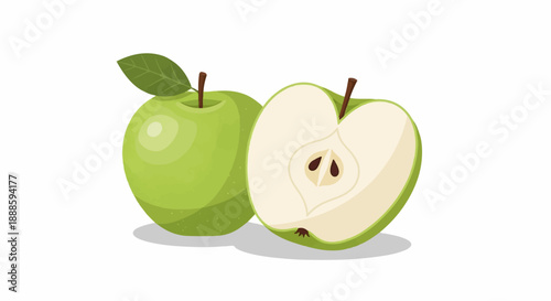 A whole and a halved green apple are shown on a white background