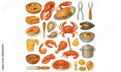 Vintage Seafood and Cooking Vector Illustration Gourmet Collection