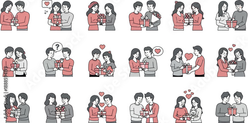 Couples in various romantic moments exchanging gifts and showing love 