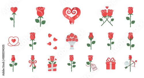 Illustration of Valentine's Day themed icons including roses and hearts on white background 