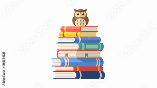 A wise owl sits atop a colorful stack of knowledge books