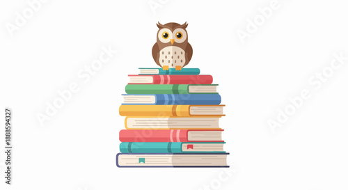 A wise owl sits atop a tall stack of colorful books