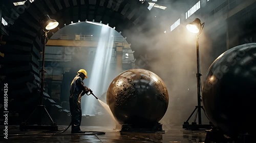 Industrial worker in protective gear intensely power washing a massive, spherical metal object inside a cavernous factory setting under dramatic artificial lighting.