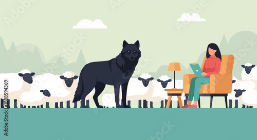 A wolf watches sheep grazing near a woman sitting in a chair with a laptop