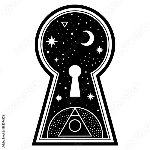 A mystical keyhole with a celestial design and geometric shapes