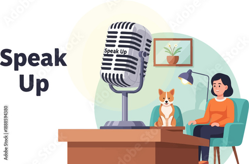 A woman and dog sit near a microphone in a cozy room for podcasting