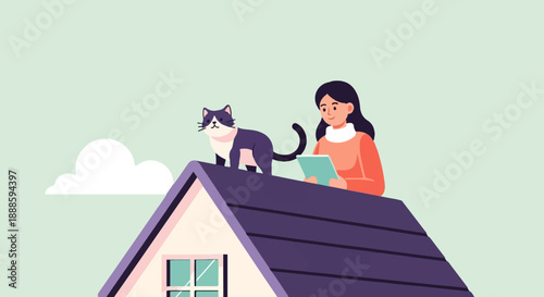 A woman and her cat relax on a rooftop with a tablet and a cloud