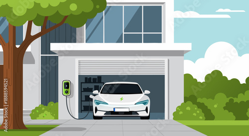 Electric Car Charging At Home Vector Illustration Of A White Vehicle Connected To A Charging Station Outside A Modern Garage