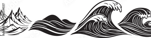 Black and white wave and mountain illustrations in series