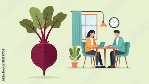 A stylized beet is on the left, with people working at desks on the right