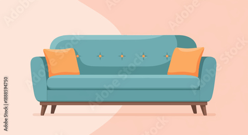 A stylish teal sofa with two orange cushions on a muted background