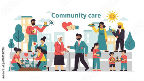 Diverse community coming together for care and support in a vibrant city setting with people helping each other