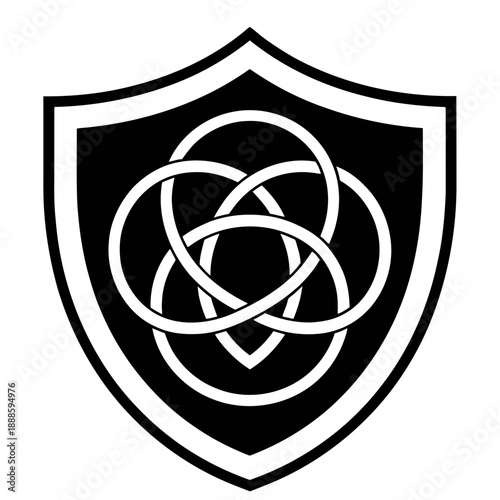 A black and white shield icon with a Celtic knot design
