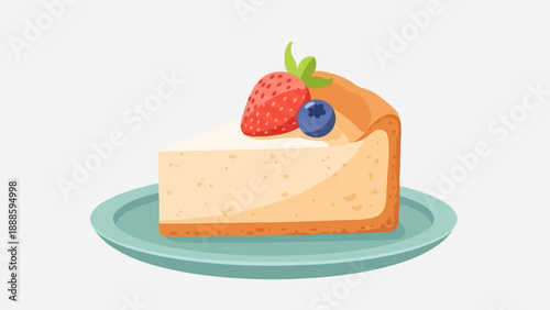 A slice of creamy cheesecake topped with fresh strawberry and blueberry on a plate