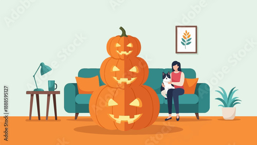 A woman holding a dog on a couch with a stack of pumpkins