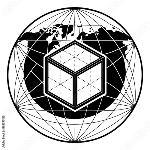 A black and white vector graphic of a globe with a cube on it