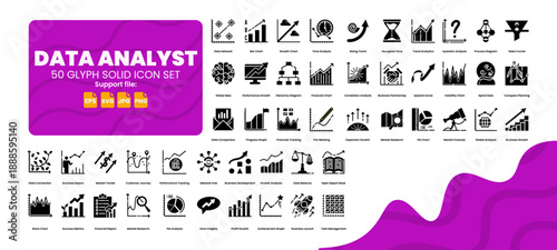 Data analyst solid glyph icon set for business charts and analysis.