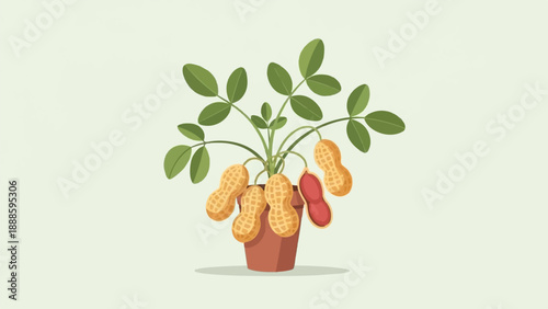 A potted peanut plant with green leaves and a cluster of peanuts