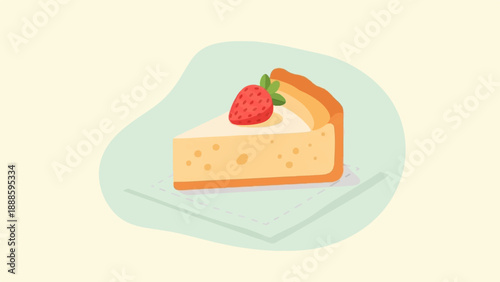 A single slice of creamy cheesecake with a vibrant strawberry topping rests on a napkin