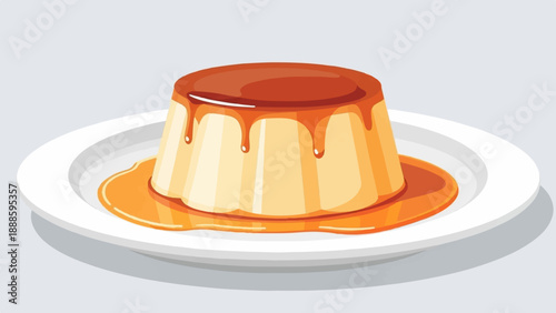 A single serving of creamy dessert with glossy caramel sauce on a white plate