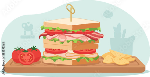 A tall, layered sandwich with tomatoes, lettuce, and meat sits on a wooden board