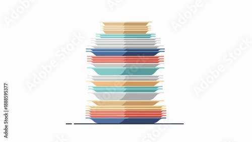 A tall stack of colorful, flat dishes against a white background