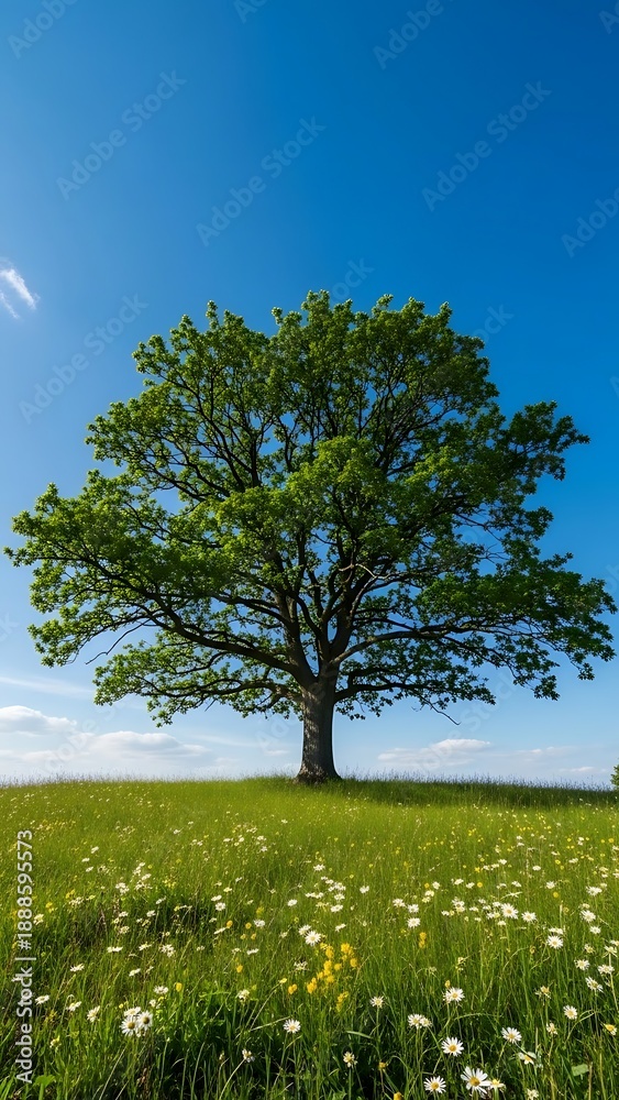 Fototapeta premium Vibrant green tree stands in a sunny meadow against a clear blue sky