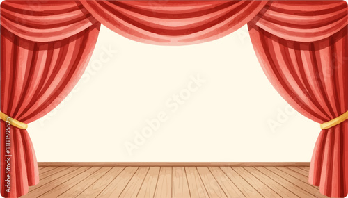 A theatrical stage with red velvet curtains and a wooden floor