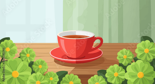 A steaming cup of coffee on a wooden table surrounded by vibrant green flowers