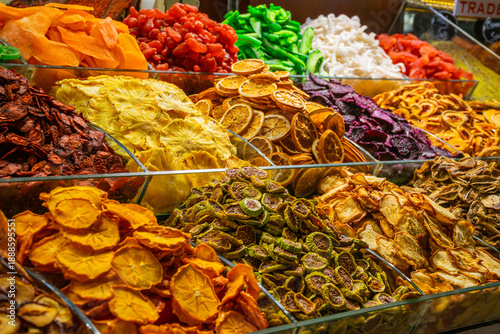 Colorful delights, various dried fruits at Turkish market, Grand Bazaar  Istanbul, Turkey