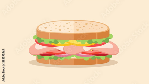 A stacked sandwich with multiple layers of meat, cheese, vegetables, and bread