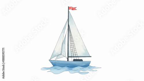 A watercolor illustration of a blue sailboat with white sails and a red flag on calm blue water