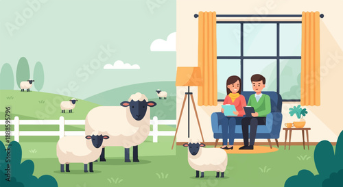 A split image showing sheep in a field and a couple indoors
