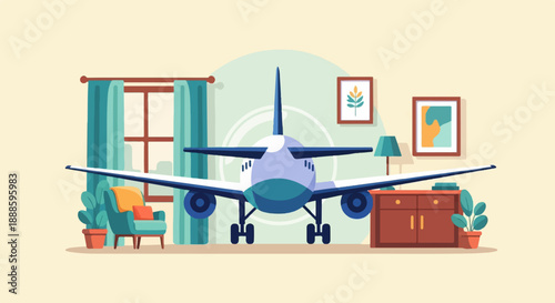 A whimsical interior scene featuring a large airplane as living room furniture