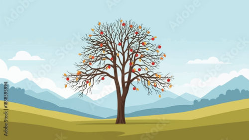 A solitary tree with sparse autumn foliage and ripe fruits stands in a field