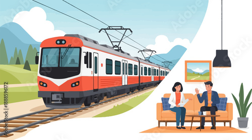 A train travels through a scenic landscape while two people relax indoors